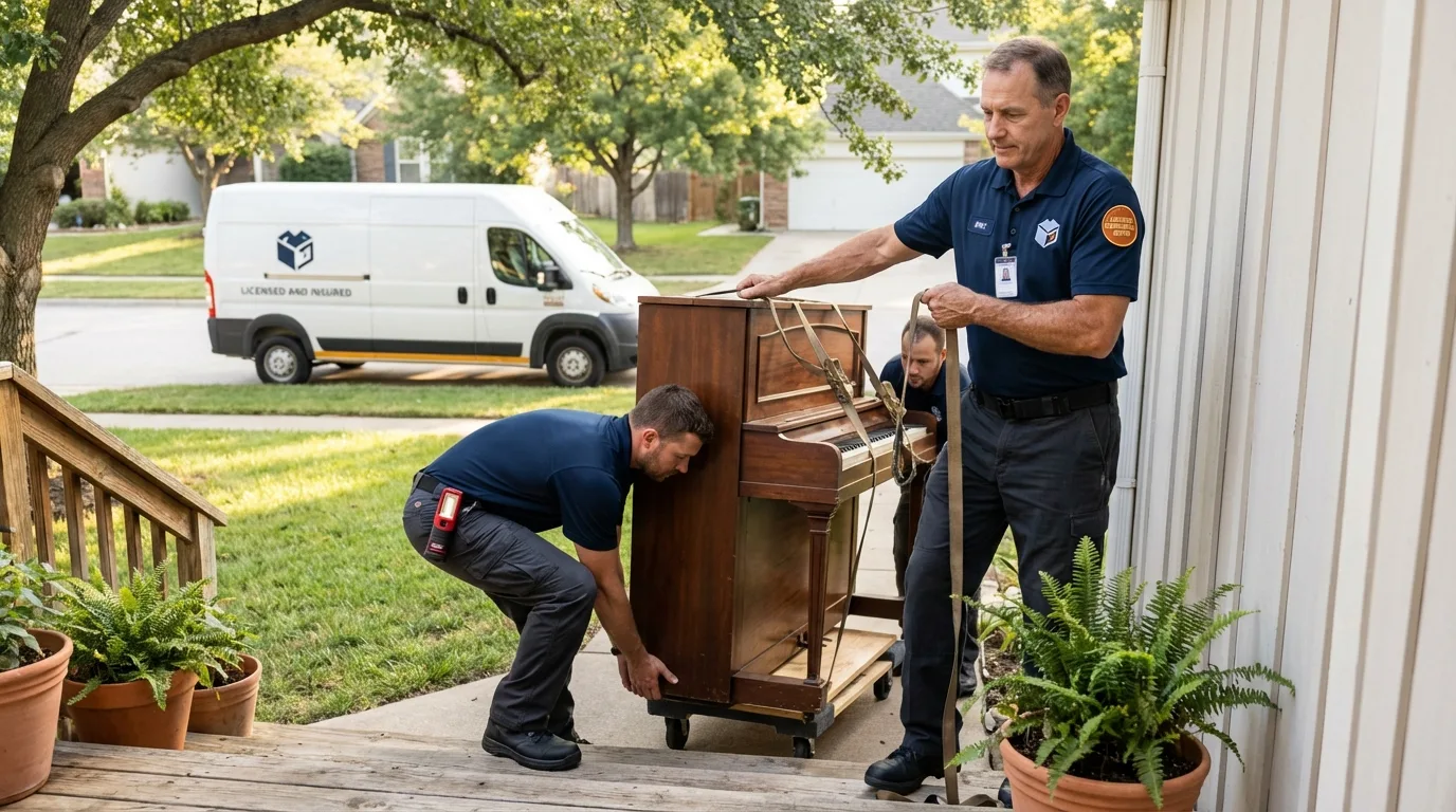 Licensed piano movers securing grand piano in Devon, PA