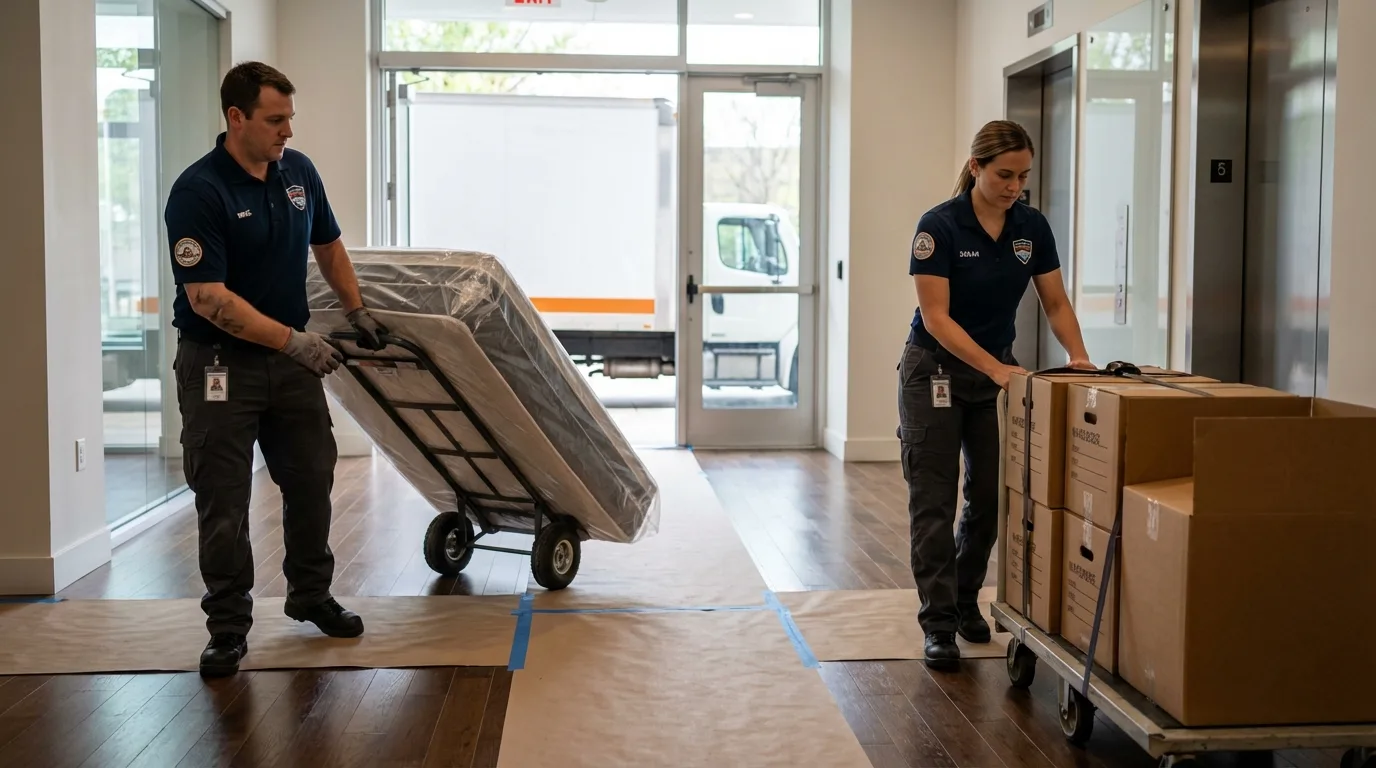 Professional apartment movers loading elevator in Devon, PA