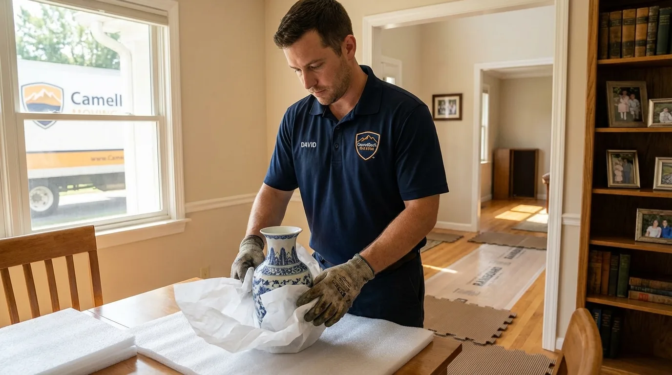 Professional crew carefully wrapping antique vase for senior downsizing move in Devon, PA